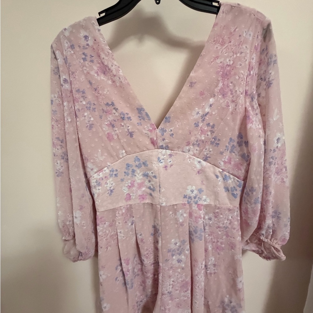 Light Pink Floral V-Neck Midi Dress